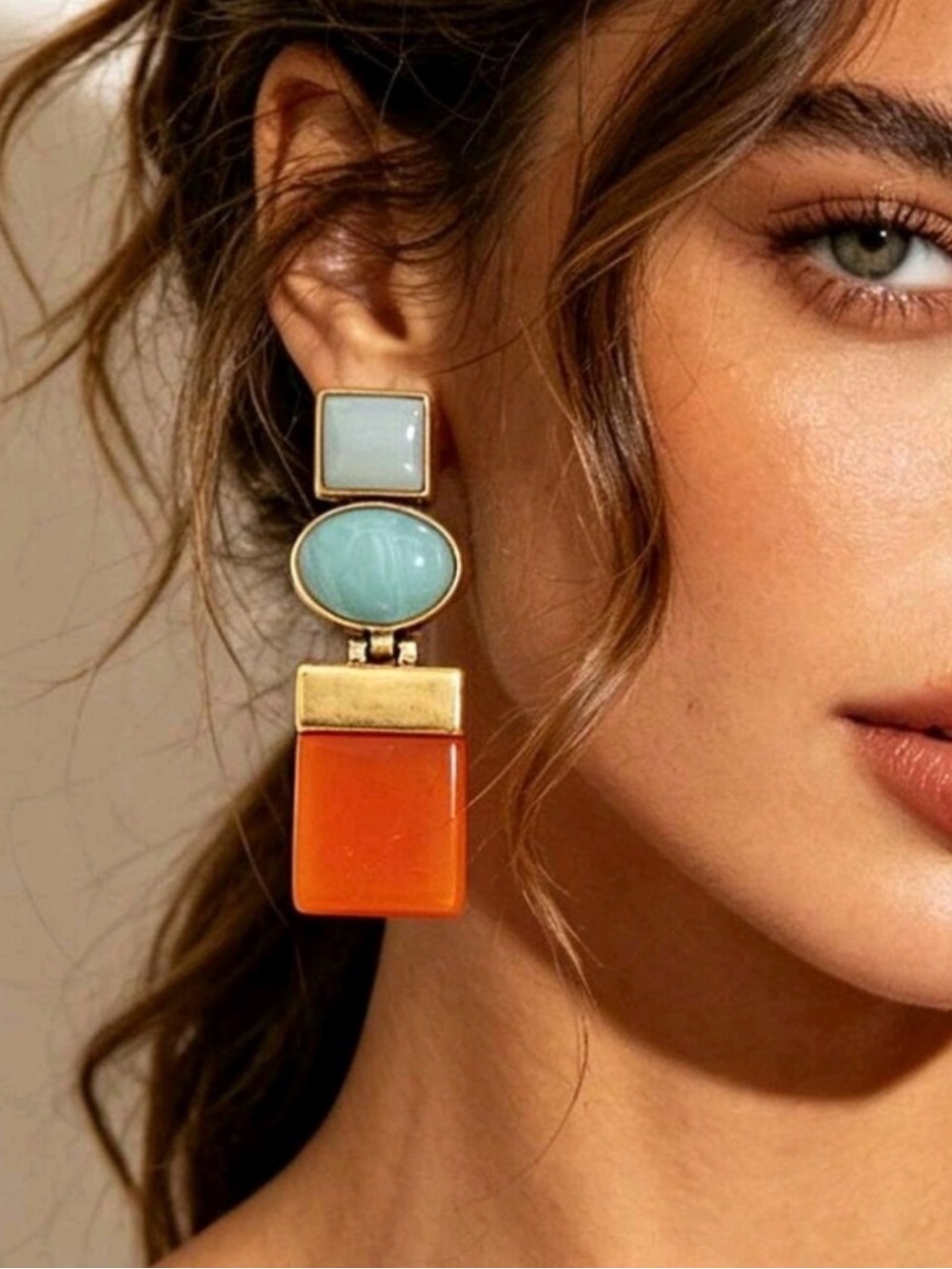 🔥🔥Zara Gold-Tone Multicolor Drop Earrings - Orange and Mint - Picture 4 of 4